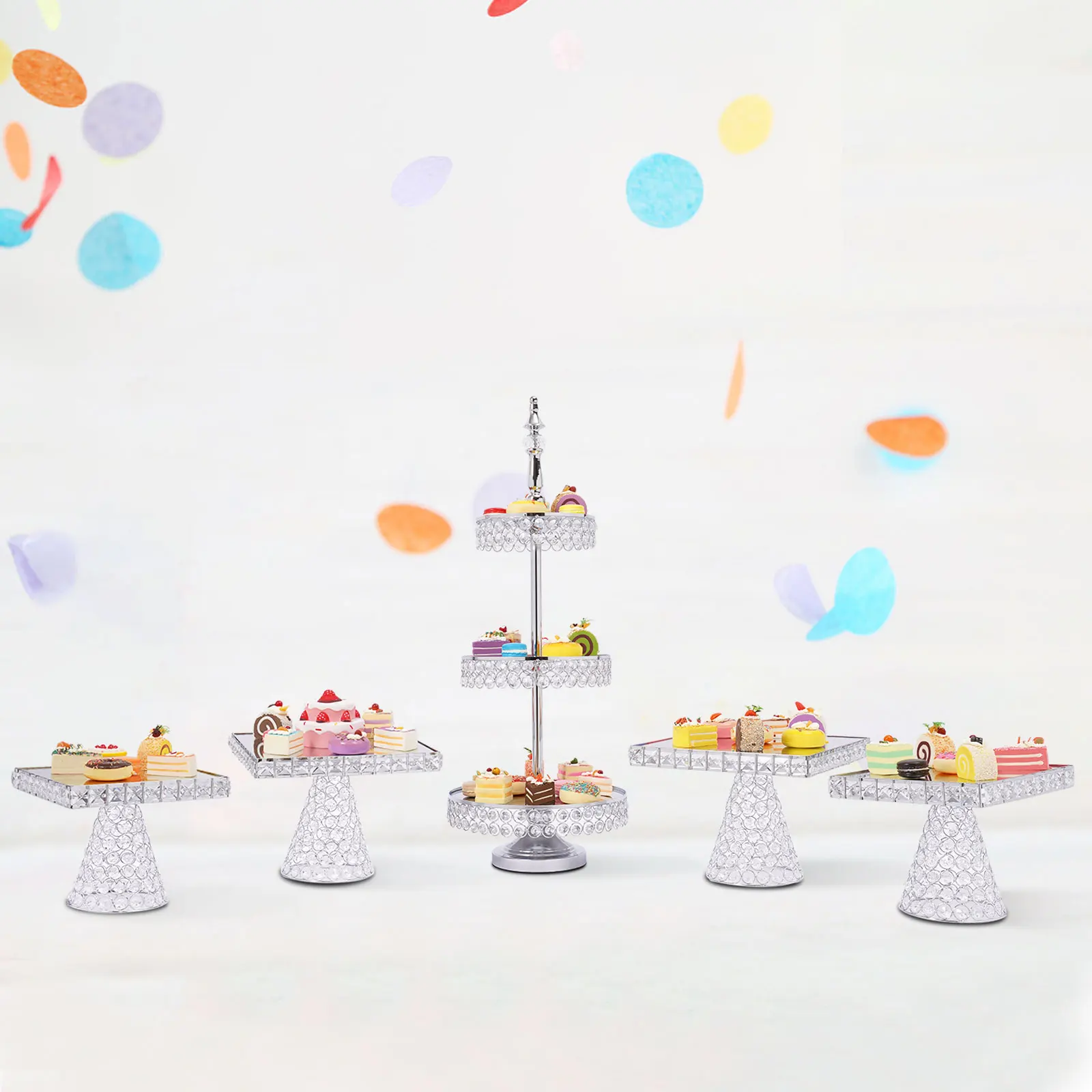 Cake Stands Set, 5-Piece, Silver Plating & Crystal Inlay, Perfect for Wedding Dessert Display