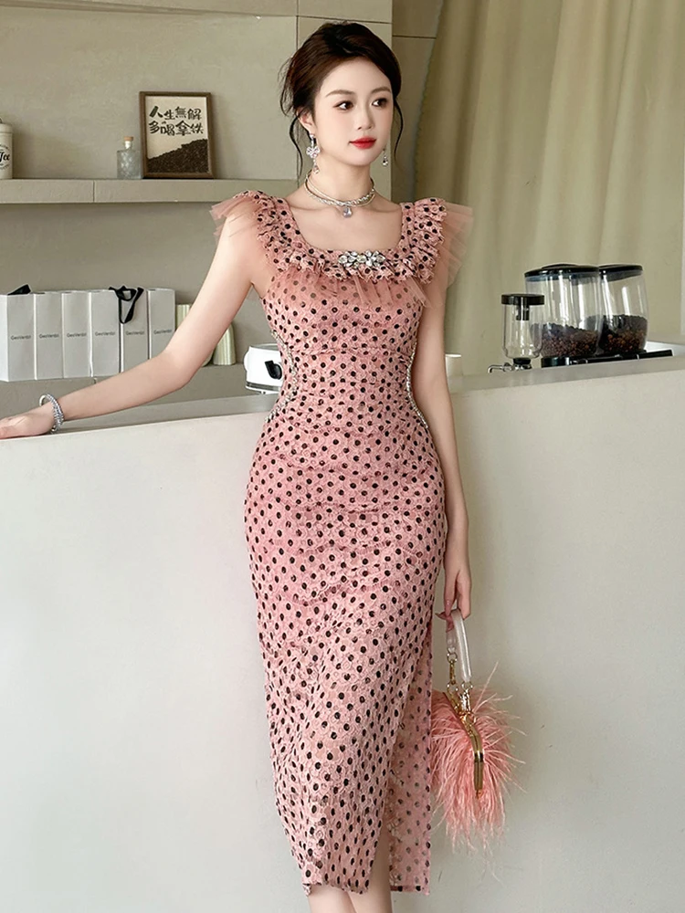 Summer Sweet Pink Lace Dot Vacation Evening Dress Women Clothes Elegant Ruffle Sexy Sleeveless Slim Midi Robe Party Prom Vestido