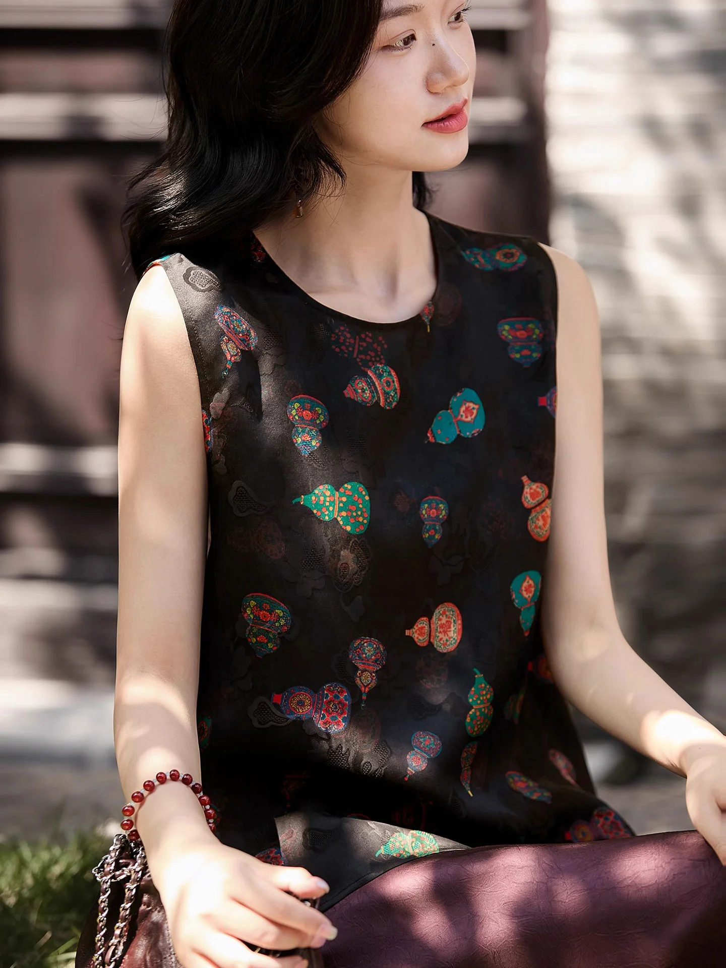 

High-End European Brand Color Blo Print Design Double-Sided Satin Women's Vest Cardigan Summer Faion Commute Sle