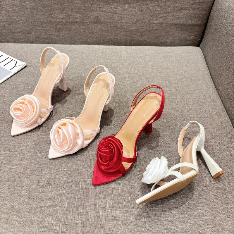 

New Summer Women's High-heeled Sandals Pointed Toe Stiletto Heels Flower Sexy Sandals One-word Single Back Empty Shoes