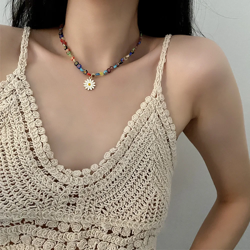 Colored glass beads sunflower female light luxury niche design sense clavicle chain