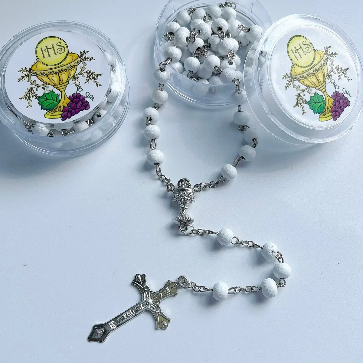 12-piece set of hexagonal box wooden rosary necklace, Holy Grail IHS cross baptism, religious gifts for men and women view 2