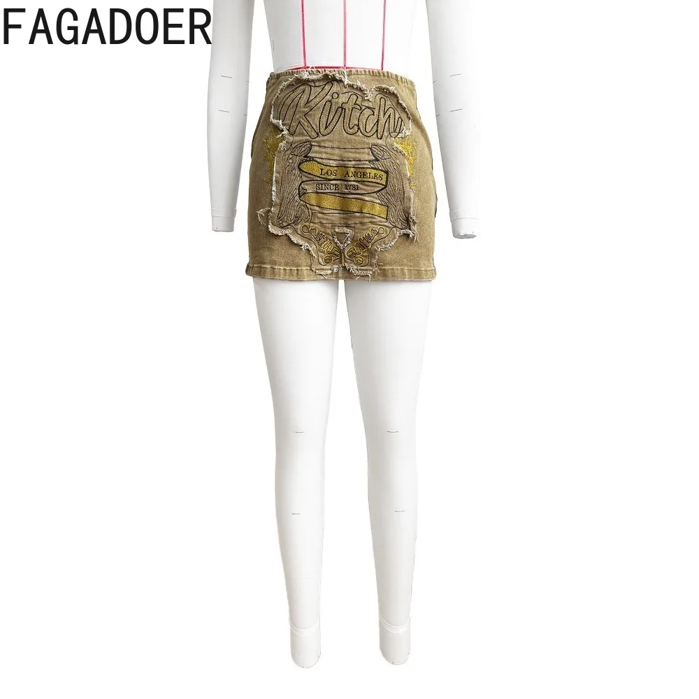 Fagadoer Retro Fashion Y 2K Bruin Borduurwerk Denim Rokken Vrouwen Hoge Taille Elasticiteit Mini Rok Zomer Nieuwe Bijpassende Broekjes