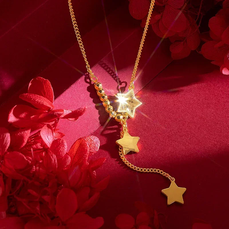 

9999 real gold 24K yellow gold Fish Scale Five-pointed Star Necklace Women's Dragon Scale Small Star Chain Holiday Gift