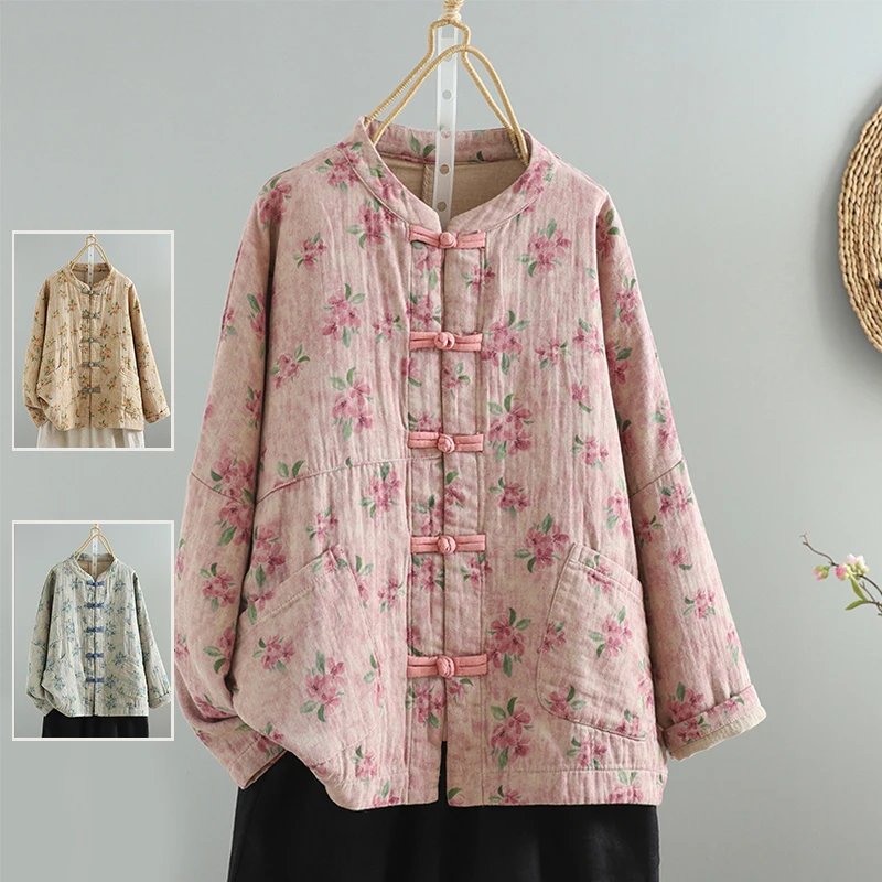 

Осень-зима, большой размер, хлопково-льняной повседневный топ с принтом, свободная одежда на пуговицах в китайском стиле для мам, тюре с цветочным узором и растениями