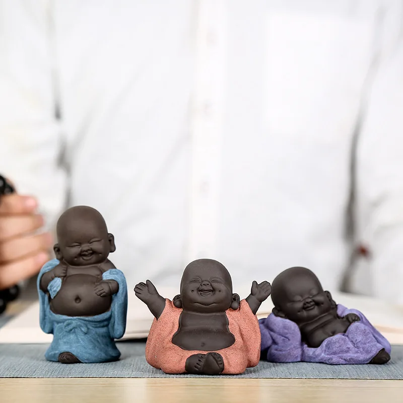 Little Monk Purple Clay Tea Pets,Maitreya Laughing Buddha Ornament,Handmade Boutique Tea Accessories Set,Creative Tea Pet Yixing