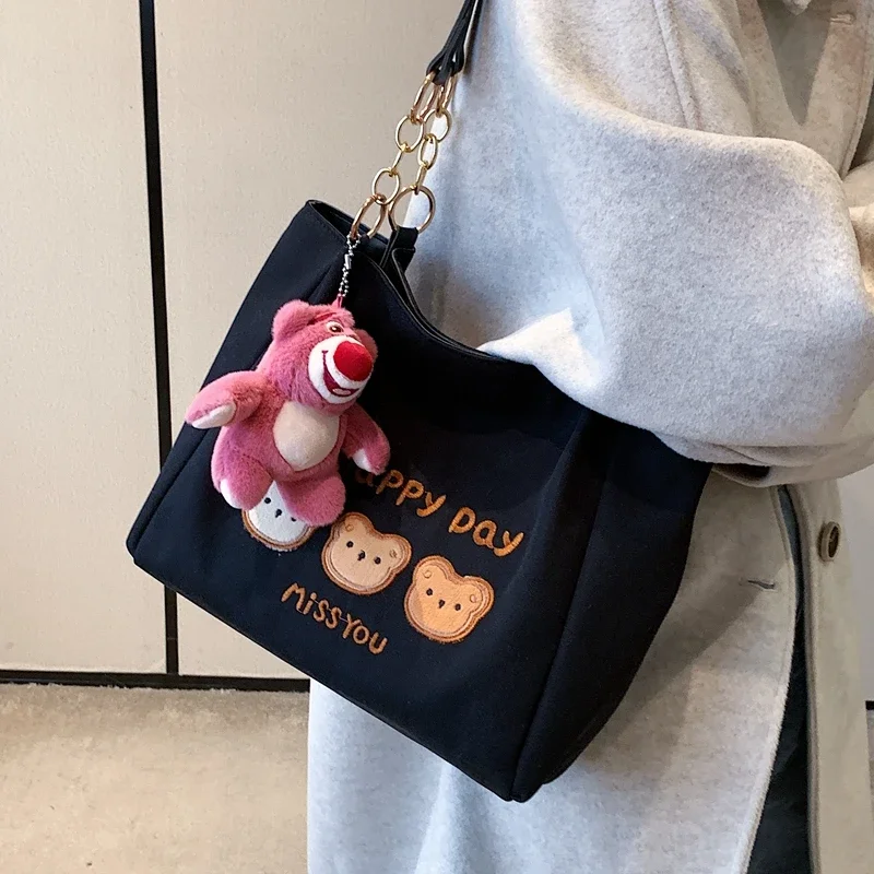 

Large Capacity Bear Canvas Bag for Female College Students Class Cute Japanese Commuting Shoulder Tote Bags