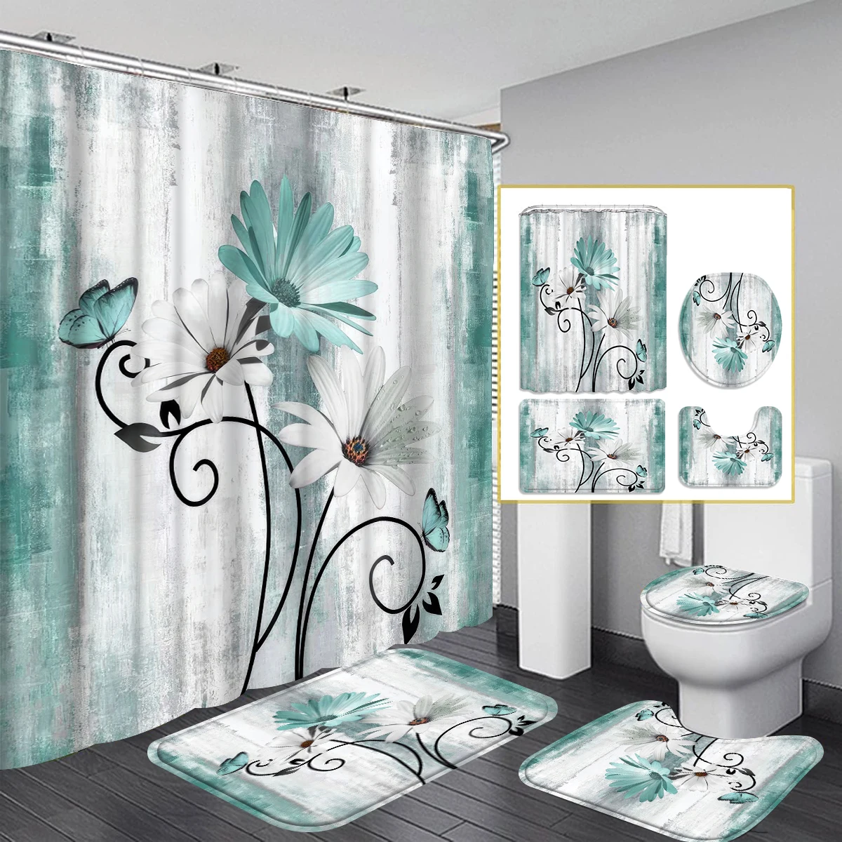 1/4 Piece Shower Curtain Set, Waterproof Bathroom Partition Curtain with Hooks, Anti-Slip Bath Rug, U Shape Mat, Toilet Seat Cov