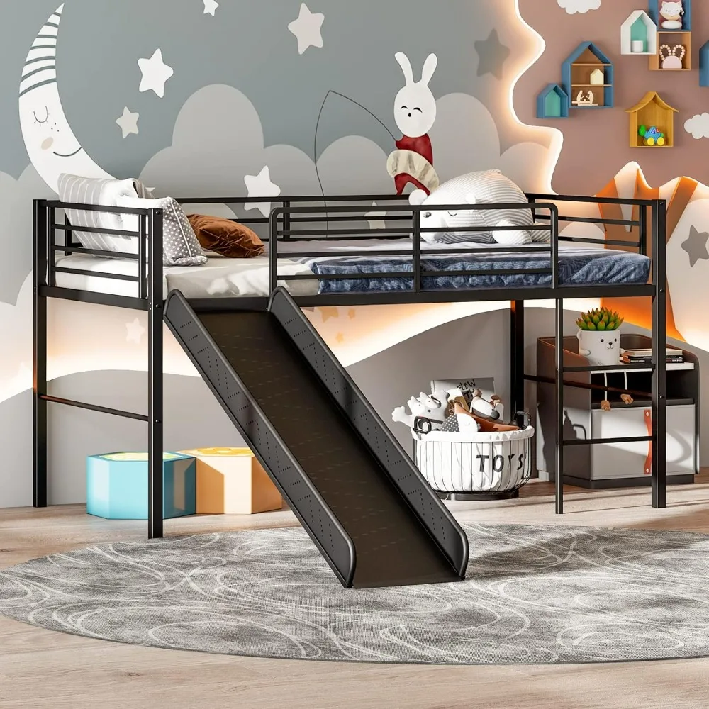 Bunk Beds.Twin Loft Bed with Slide, Metal Low Bunk Bed w/Safety Guardrails & Built-in Ladder, Toddler Bed Floor Frame for Boys