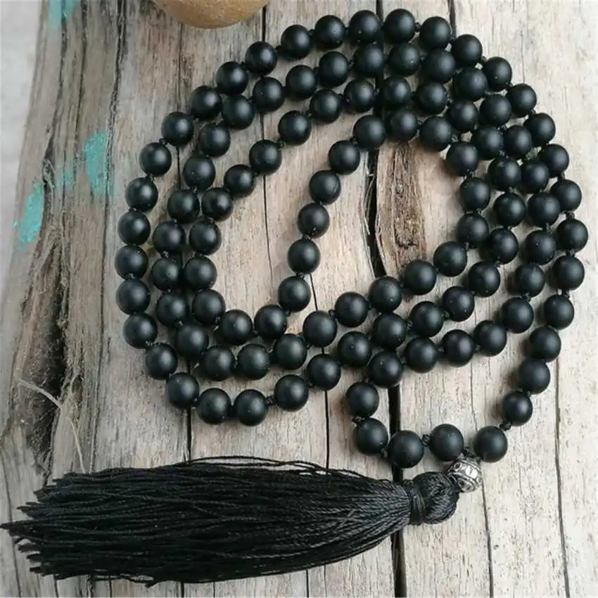 

Natural Black Obsidian 108 Beads Mala Necklace with Black Tassel Spiritual Meditation Jewelry