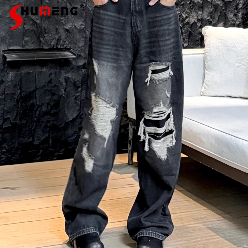 

Men's 2025 Autumn New High-End Stylish Denim Trousers High Street Straight-Leg Design Long Pants American Style Retro Hole Jeans