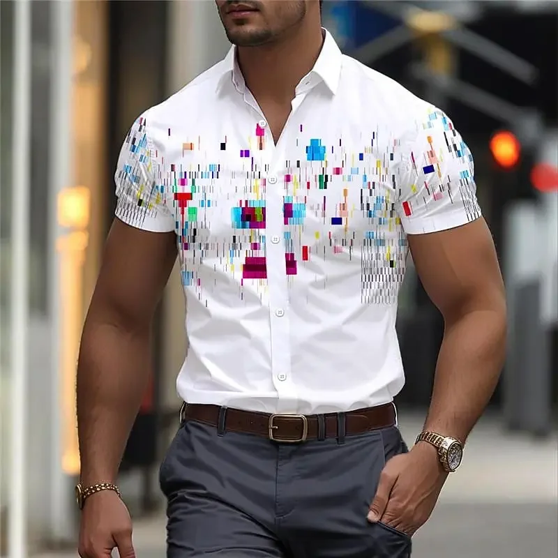 

Men's Short-Sleeve Shirt Summer New Fashion Trendy Printed Casual Business Slim Fit Collar Top for Daily Commute