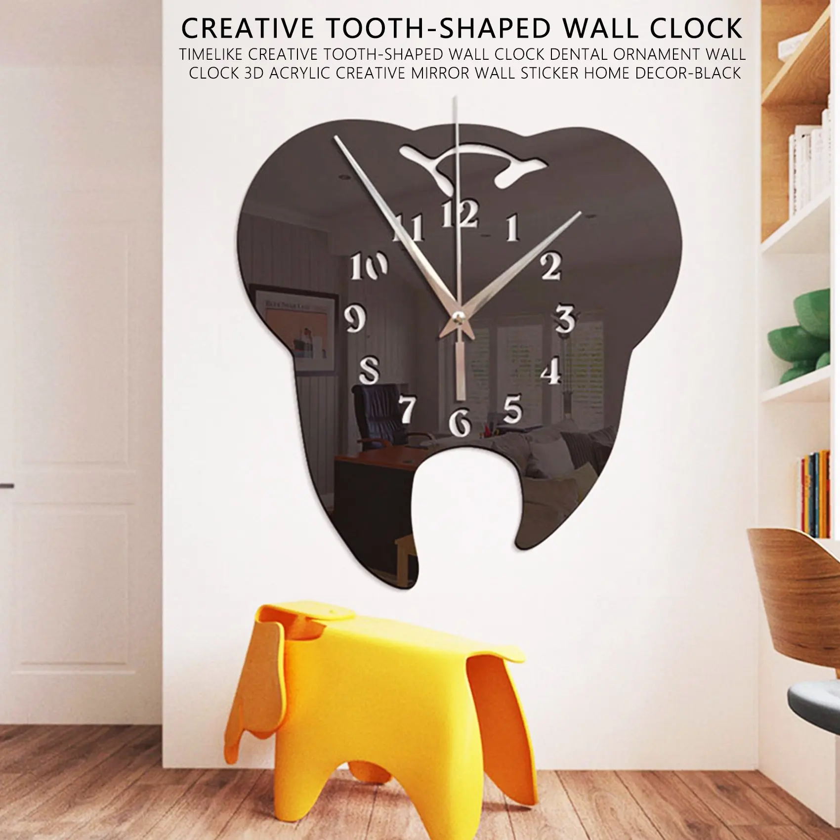 Timelike Creative Tooth-Shaped Wall Clock Dental Ornament Wall Clock 3D Acrylic Creative Mirror Wall Sticker Home Decor-Black