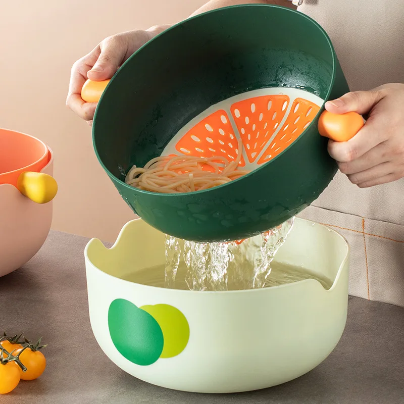 Obelix Kitchen Practical Double Drain Basket Fruits Vegetables Washing Storage Basket Strainers Cleaning Filter Tool With Handle