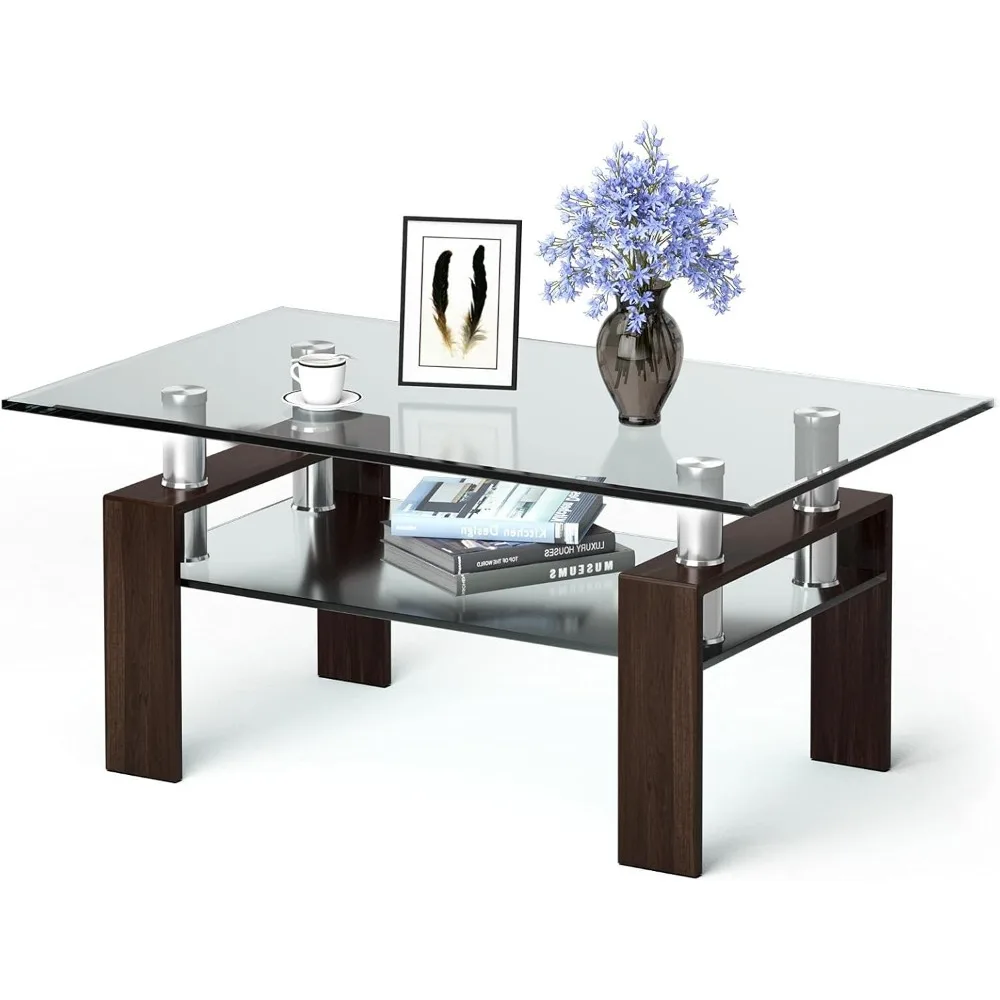 

Glass Coffee Table for Living Room, 2-Tier Modern Rectangle Living Room Table Tea Table, Tempered Glass Top & Metal Legs Side C