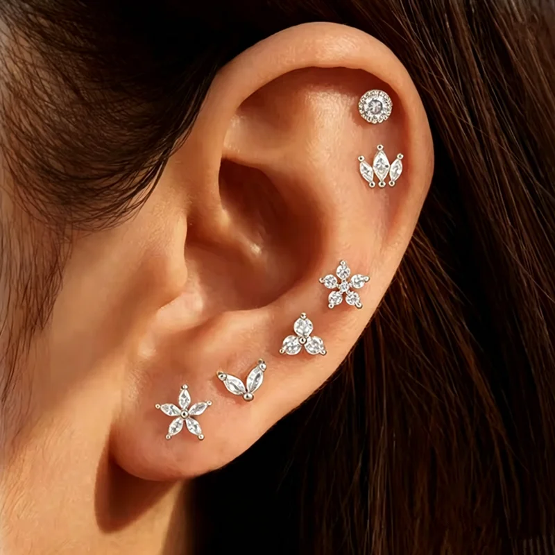 6-teiliges Set glänzender Kristallkronen-Zirkon-Blumen-Ohrstecker für Damen, geometrische runde Ohrstecker, trendiger Knorpelpiercing-Schmuck – Detail 1