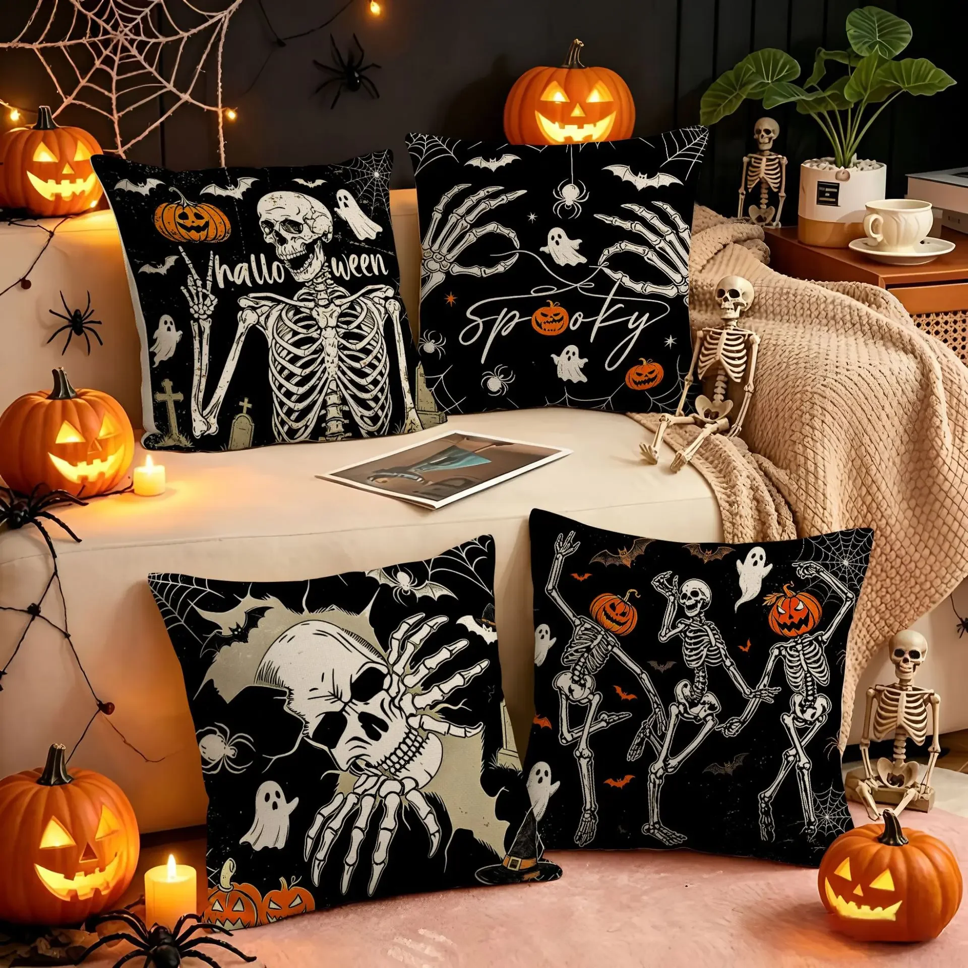 2PCS Halloween Skull Throw Pillowcase Cojines Home Decorated Pumpkin and Crow Print Pillow Cover Living Room Sofa Cushion Covers