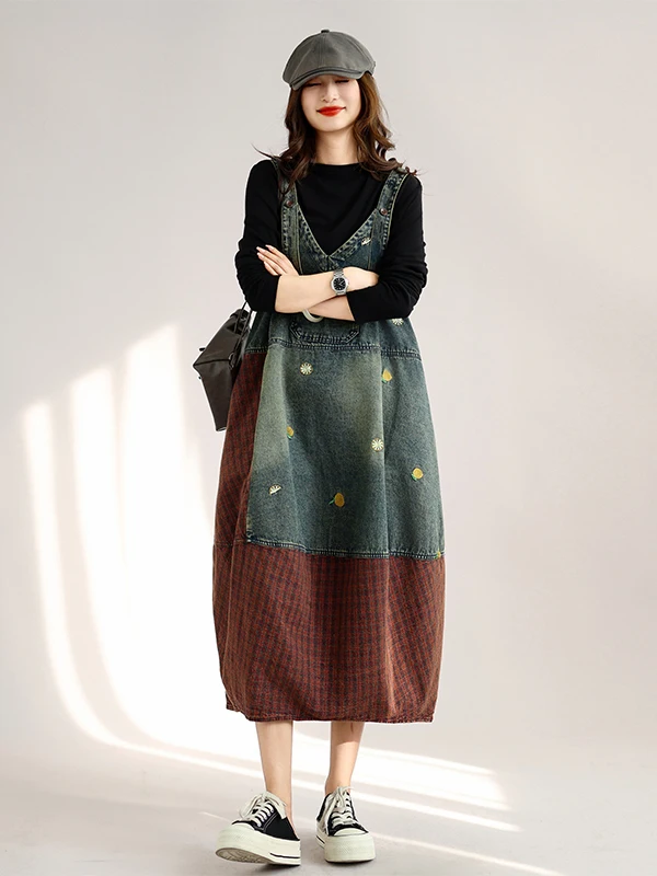 Vestido vaquero bordado estilo retro de ropa de trabajo, sin mangas, con falda tipo peto a cuadros para mujer, casual, de aju...