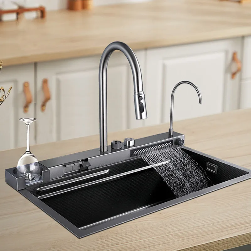 

304 Stainless Steel Sink Honeycomb Waterfall Sink Multi-Function Digital Display Integrated Sink Embossing Large Size Sink