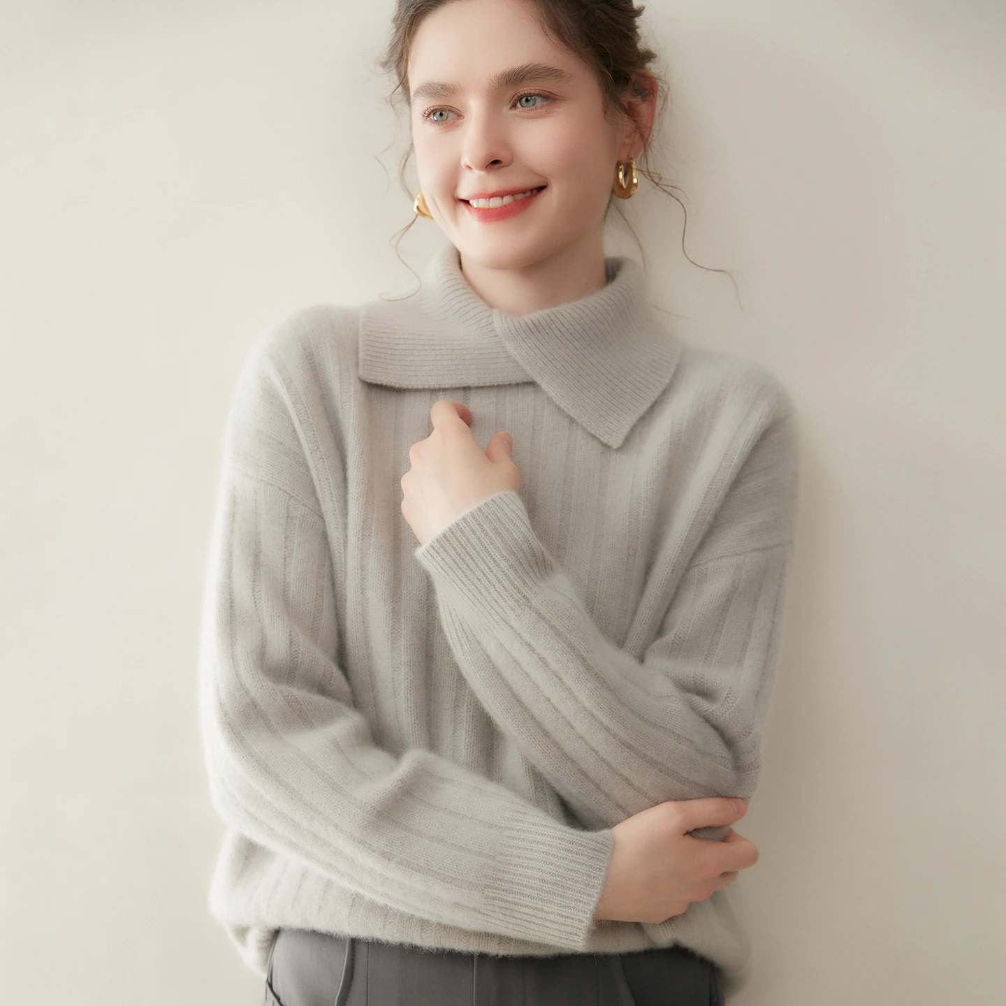 Luxury Cashmere Sweater Women Loose Slim Knit Pullover Versatile Temperament Lapel Pit Striped Base Fashion Trend 2025