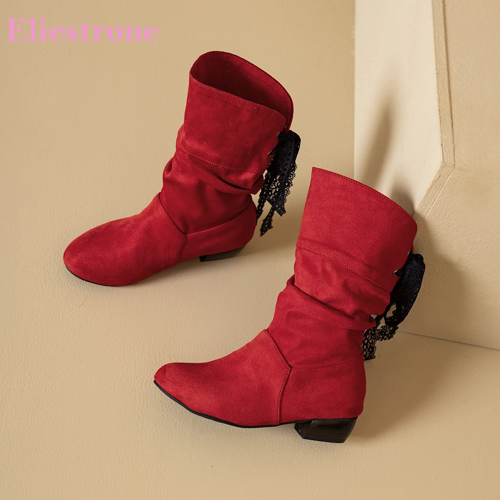 

2026 Весенние новые модные красные, черные женские ботинки до середины икры с круглым носком, женская обувь на среднем блочном каблуке, большие размеры 11 42 44 47