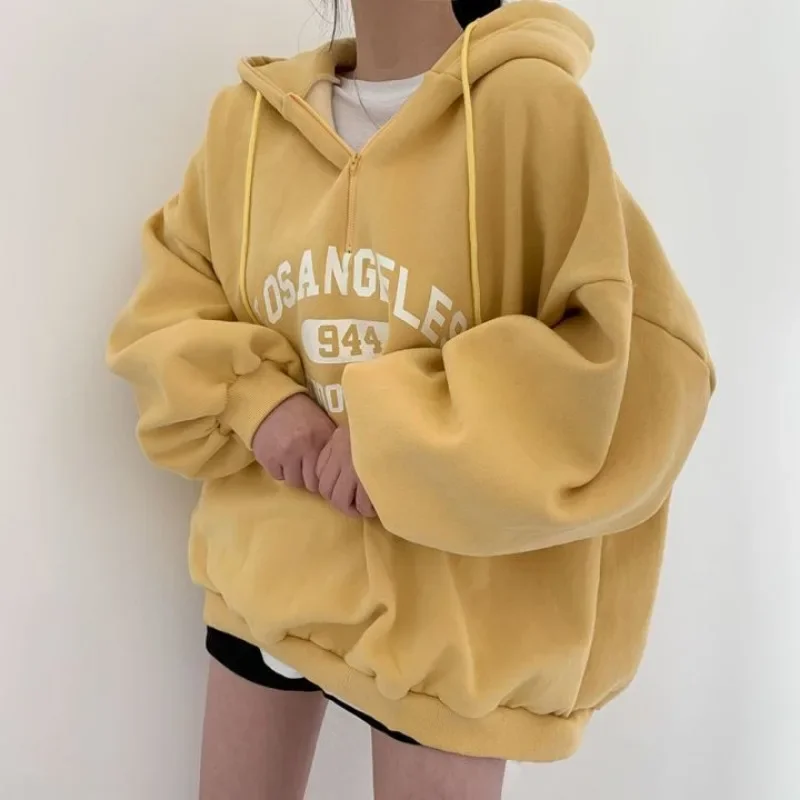 Women Loose Half Zipper Hooded Sweatshirts Y2k Pullover Long Sleeve Tops Korean Harajuku Vintage Letter Printed Baggy Hoodies