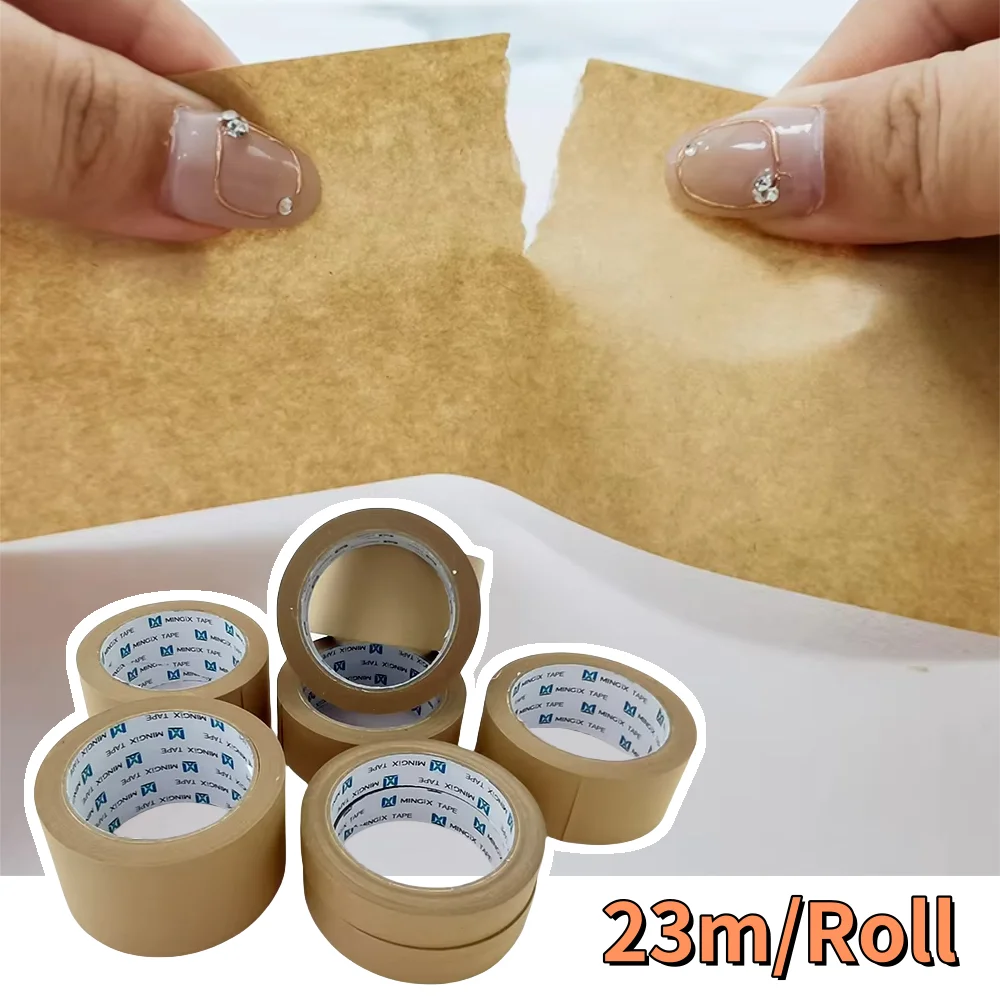 Rouleau de ruban adhésif marron pour scellage, 23 m/rouleau, papier Kraft auto-adhésif gommé renforcé, ruban d'étanchéité pour Carton à dos plat, emballage robuste