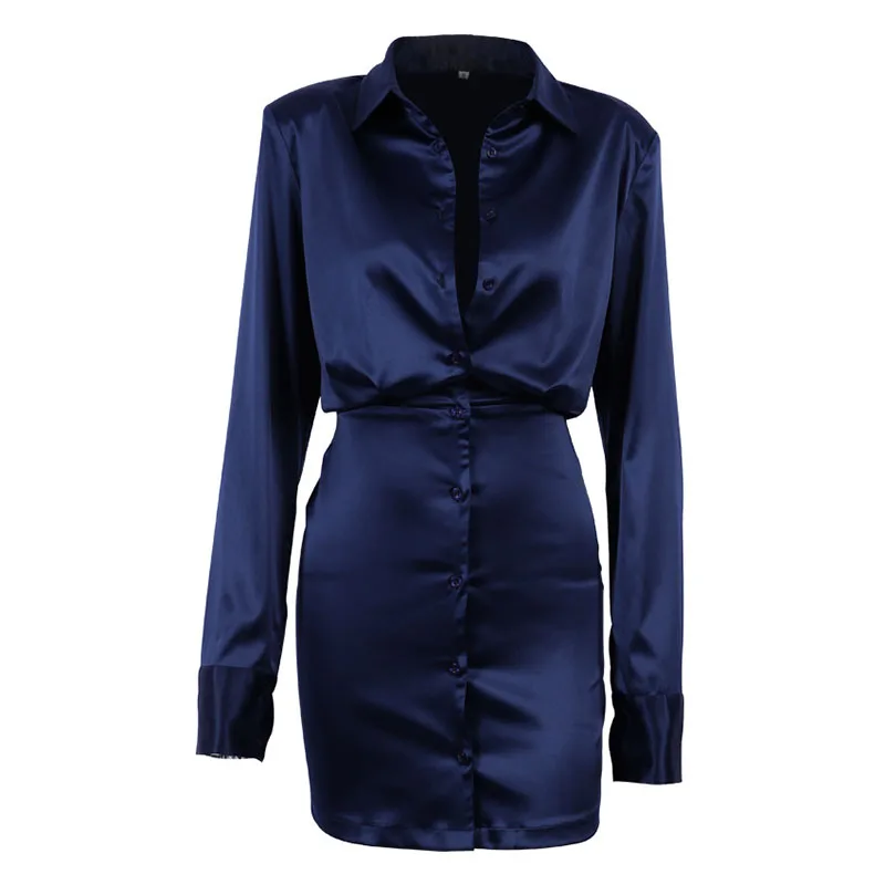 2025 New Long Sleeve Shirt Dresses Women Sexy Slim Buttons-Up Bodycon Dress Elegant Satin Temperament Office Lady Mini Dress
