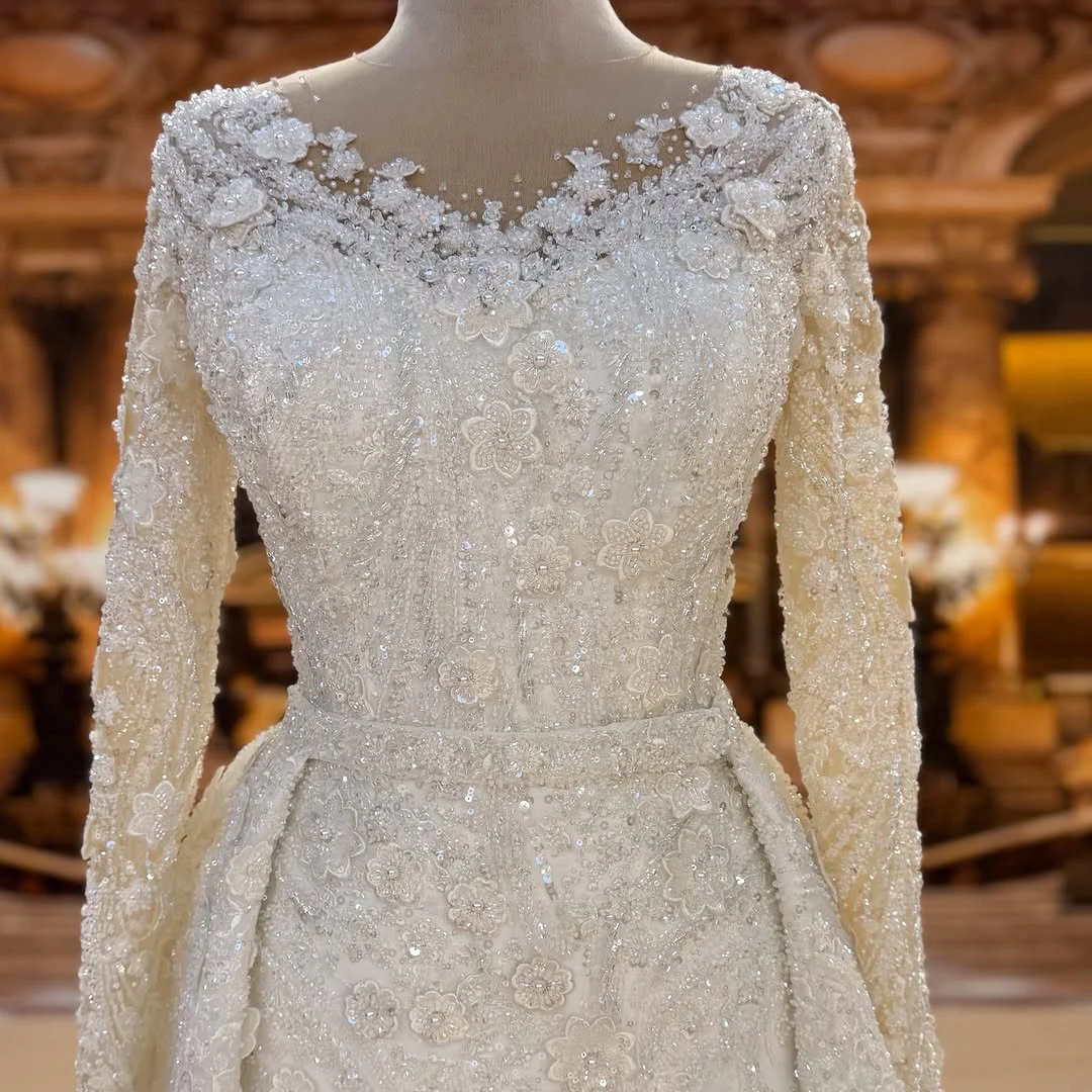 꽃 아플리케 자수 진주 웨딩 드레스 분리형 트레인 스팽글 피쉬 테일 웨딩 드레스 긴 소매 화이트 드레스