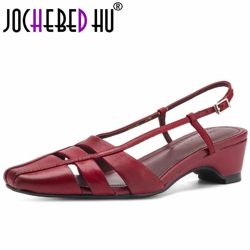 

【JOCHEBED HU】Women's Handmade Genuine Leather Hollow Mid Heel Sandals Square Head Backless Slip-On Shoes Summer Arrival 34-42