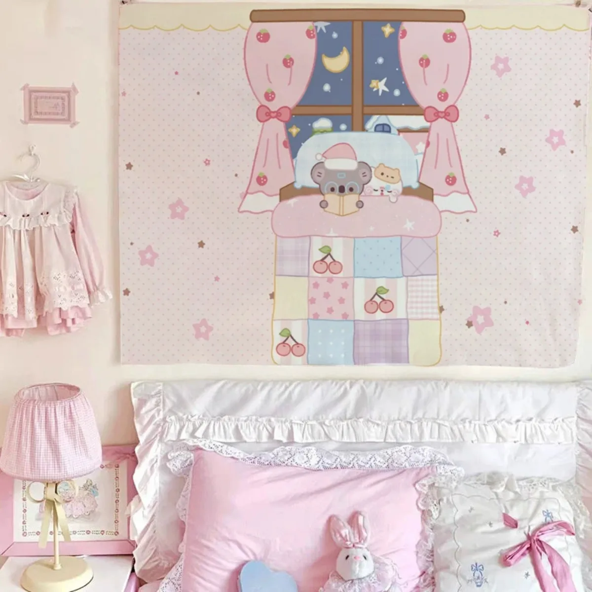 Sweet Dessert Cake Animal Tapestry Pink Gingham Cherry Bow Pattern Wall Cloth Y2K Aesthetic For Teen Girls Room Home Wall Decor