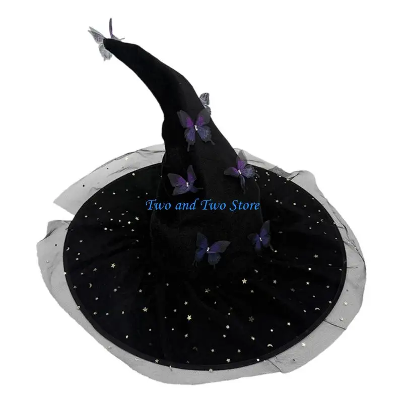 HX6F قبعة الساحرة للهالوين تصميم قرن مطوي مع فراشة مطرزة للبالغين زي أسود أرجواني أزرق