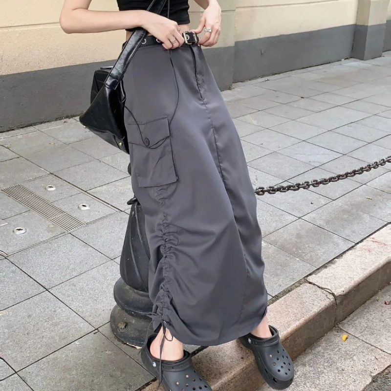 High Waist Basic Skirt Split Cargo Skirts Fashion Korean Drawstring Women Gray Street Lady Harajuku Gothic Women\'s Clothing