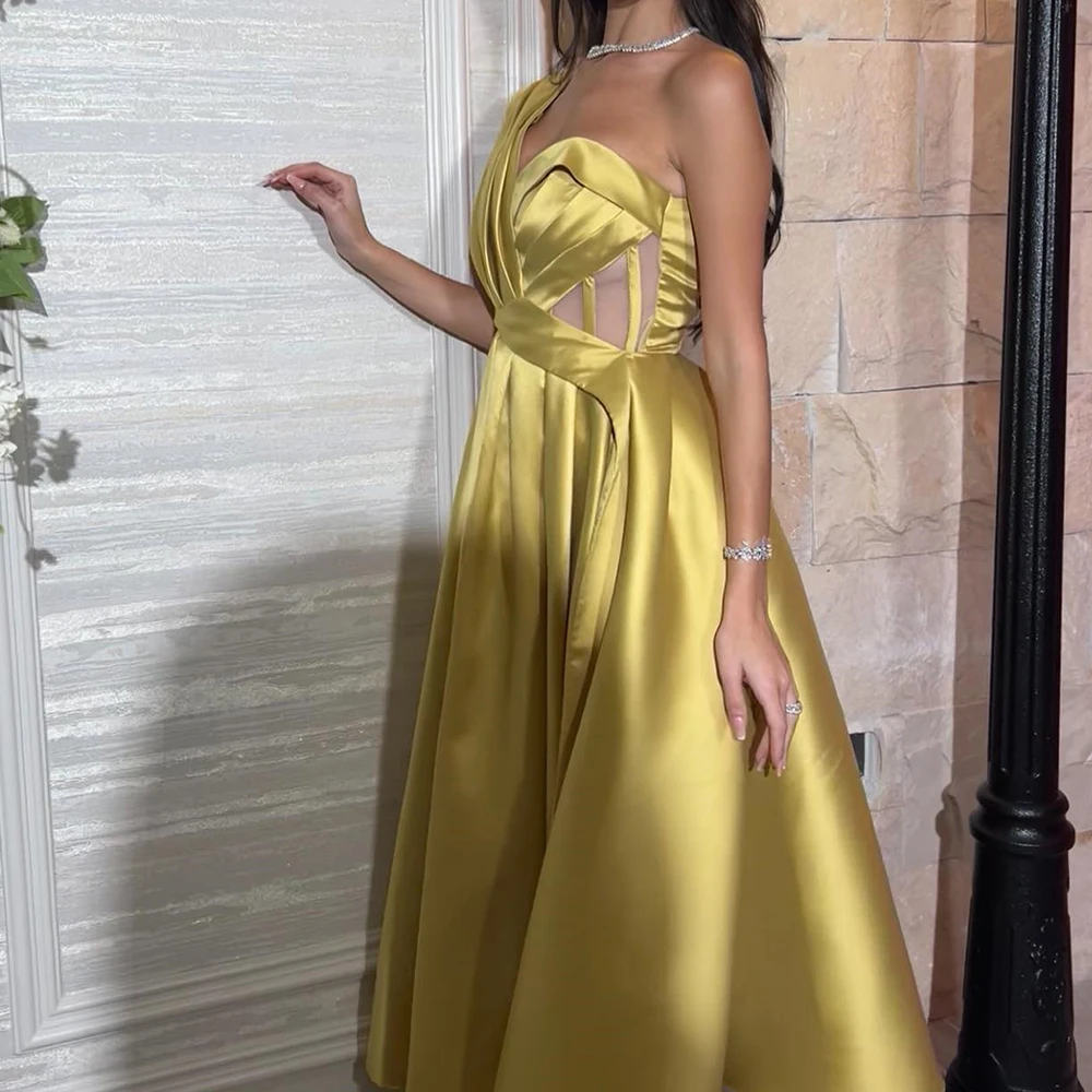 Temperament Ruched Belt(Sashes) Strapless Ankle Length A-Line Bespoke Occasion Gowns Satin One Shoulder Vestidos de fiesta