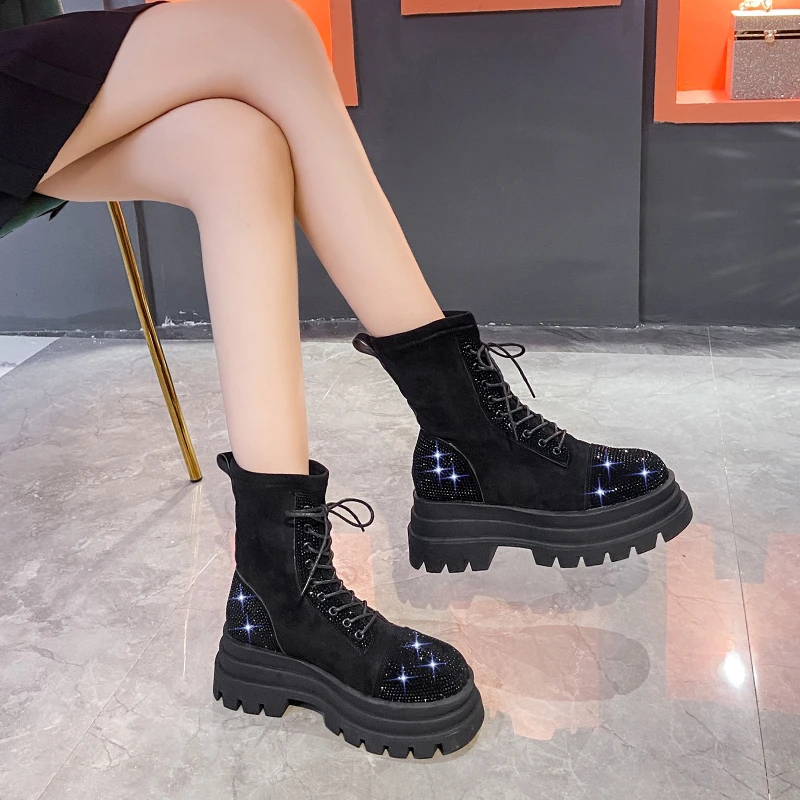 High-ankle Round-toe Rhinestone Slimming Padded Warm-up Fashionable Multi-purpose Comfortable Anti-slip Breathable Women's Boots