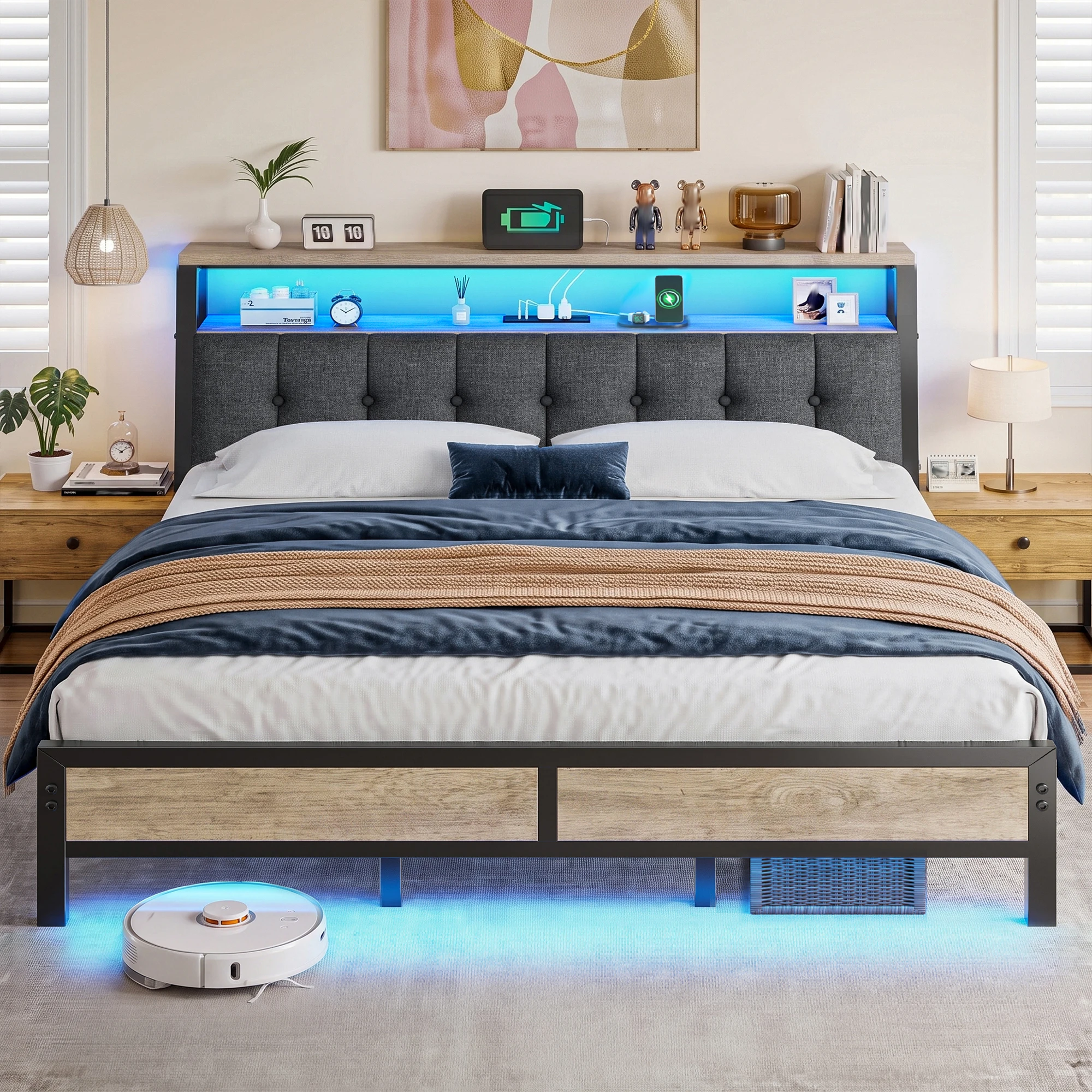 RAYBEE King Bed Frame with Upholstered Headboard & Charging Station Linen Upholstery, 2-Tier Shelf, 2 AC Outlets, Type-C, RGB LED Remote, 12in Underbed Clearance, 1100 lbs, No Box Spring, Grey