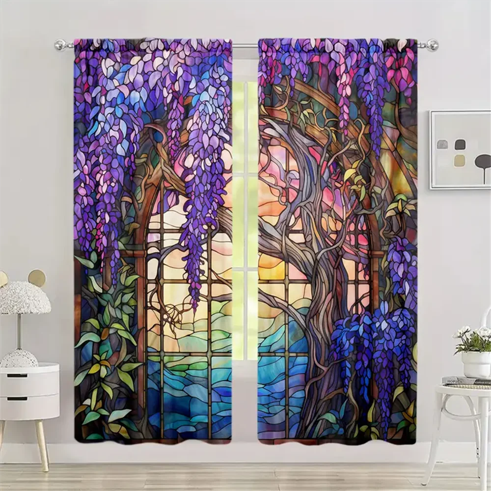 Stained Glass Flower Wisteria Tree Printed Window Curtains Blinds for Living Room Kids Bedroom Home Decor Door 2Pieces Office