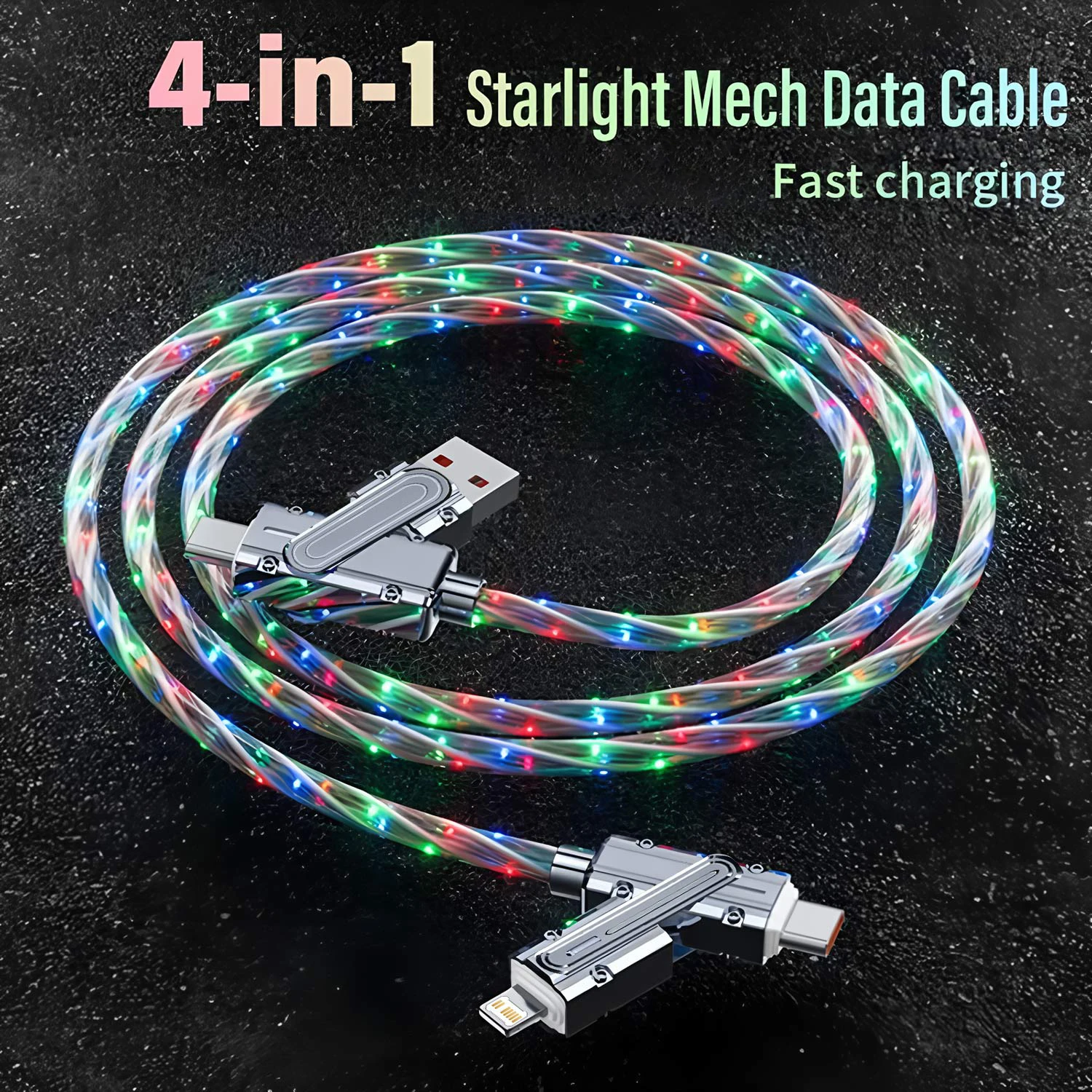 CellPhone Fast Charging Type-C USB Cable 2-IN-2 Multi-Function Data Cable for iPhone iPad Xiaomi PD USB RGB Colorful Light Cord