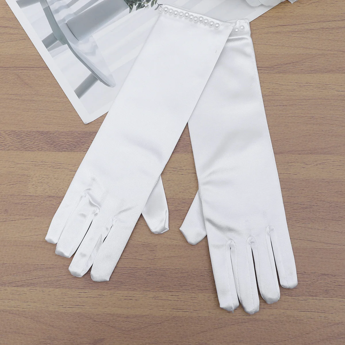 

1 Pair Wedding Flower Gloves Long Satin Pearl Decor Dress Gloves for Wedding Evening Party - Size (White)
