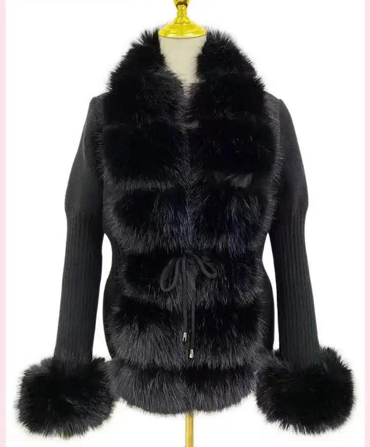 Fall Winter Women Faux Fur Coat Luxury Patchwork Knitted Sweater Bandage Fur Cardigan Detachable Collar Jackets Faux Fur Coats