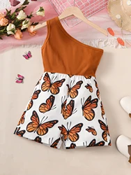 2PCS Summer Kid Girl Jumpsuit Flower/Butterfly Print Sleeveless Shoulder Leakage Bodysuit Fashion Casual Wear For Child 1-8Years