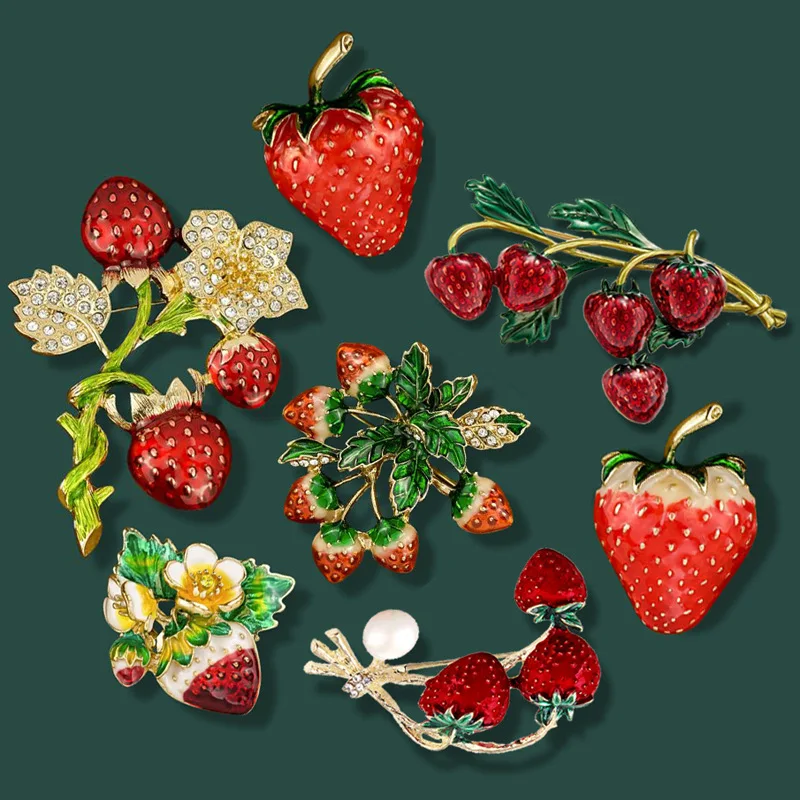 Enamel Multiple Red Strawberry Brooches for Women Fashion Shiny Zircon Flower Jewelry Fruit Branch Pearl T-shirt Coat Pin Bijou