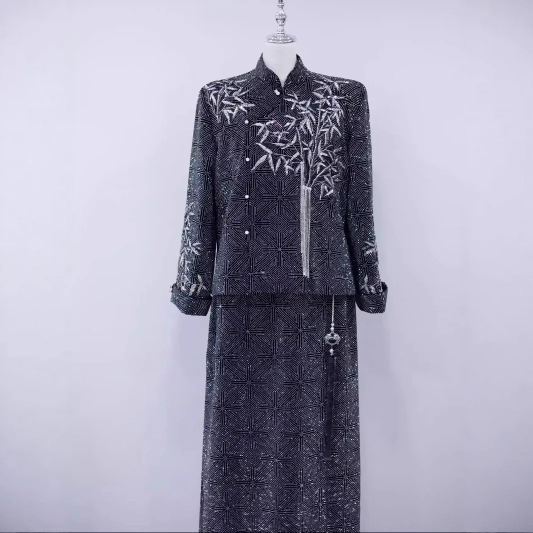 

Свадебный костюм для помолвки для мужчин, свадебный костюм для жениха, костюм с приветствием, костюм Тан, национальный стиль, черный бамбук с вышивкой