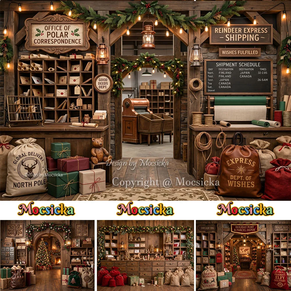 Mocsicka Weihnachts-Fotohintergrund mit Postamt, Laterne, Geschenk, Holzhütte, Weihnachtsmann-Werkstatt, Winter-Familienfoto