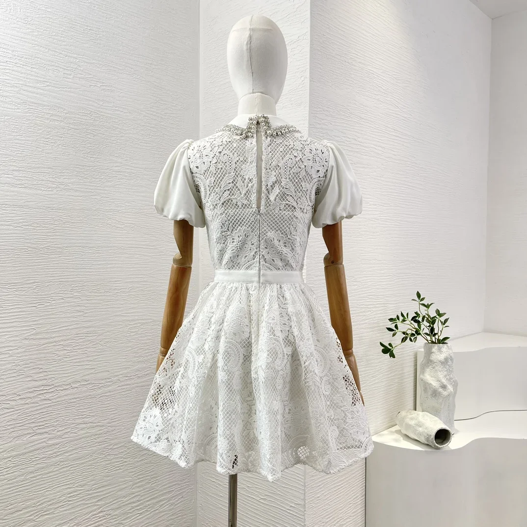 White Fashionable Top Quality Short Sleeve Diamonds Lace Patchwork Women\'s Dress with Sweet Pearl Ivory