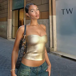 Gtpdpllt Y2k Streetwear Metallic Tube Tank Top Strapless Gold Silver Black Vintage Sexy Crop Tops Women Clubbing Outfits