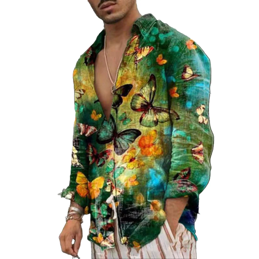 Party Dress Mens Shirt All Season Baroque Button Down Lapel Long Sleeve Butterfly Printed Casual Green/Blue/Apricot