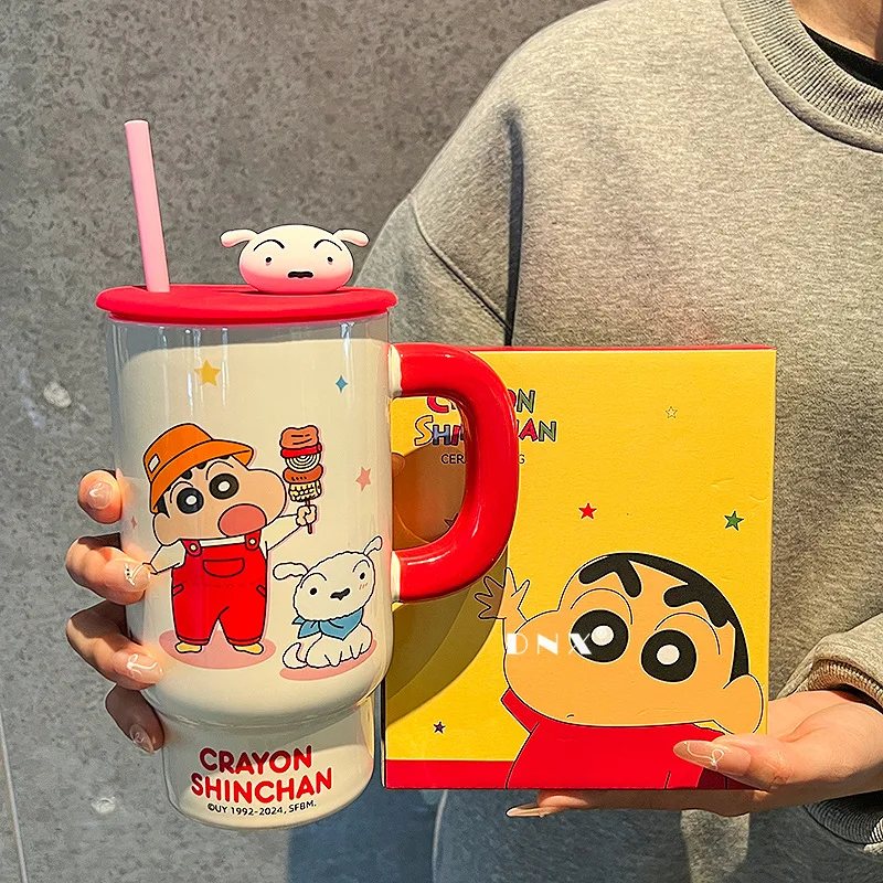 Crayon Shin-chan Cute Cartoon 850ML High-Capacity Straw Water Cup Kawaii Ceramics Big Belly Cup Lovely Periphery Holiday Gifts