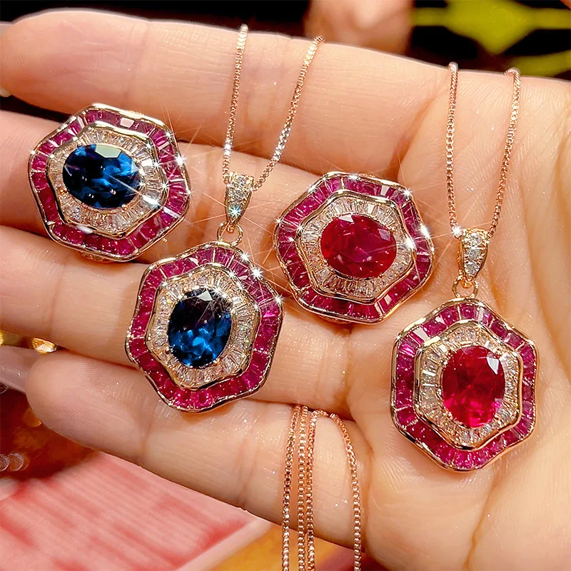 

New autumn and winter jewelry set with red corundum in an egg shape, rose gold texture, main stone size 6*8