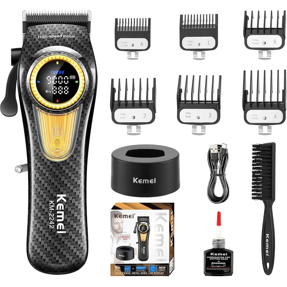 

Professional Cordless Barber Clipper with LED Display, High-Torque Motor, 9000 RPM, Black Hair Cutting Tool